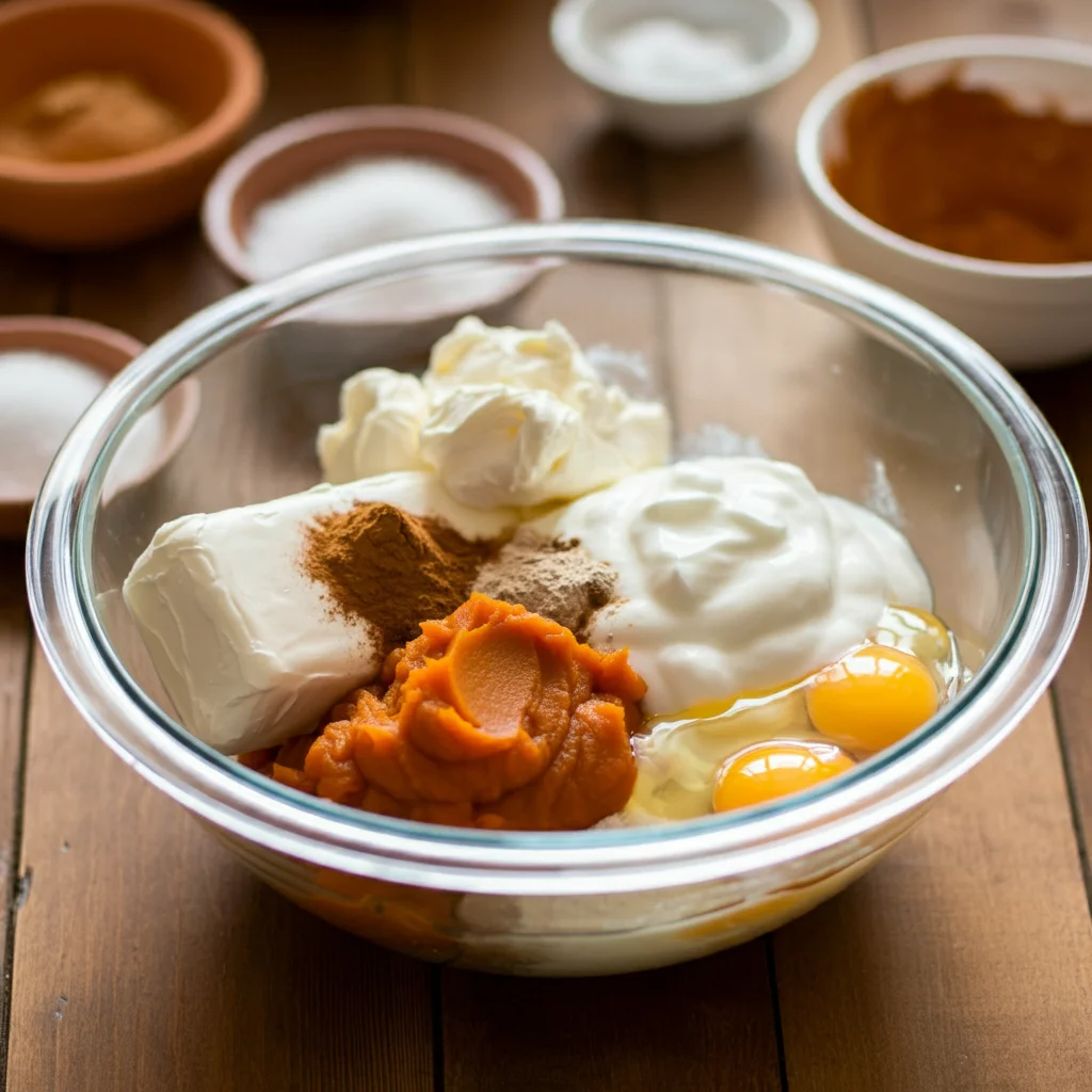 WW Pumpkin Pie Cheesecake Ingredients for WW Pumpkin Pie Cheesecake in a glass bowl, including cream cheese, pumpkin puree, Greek yogurt, sugar substitute, eggs, and spices, on a rustic countertop with warm lighting.