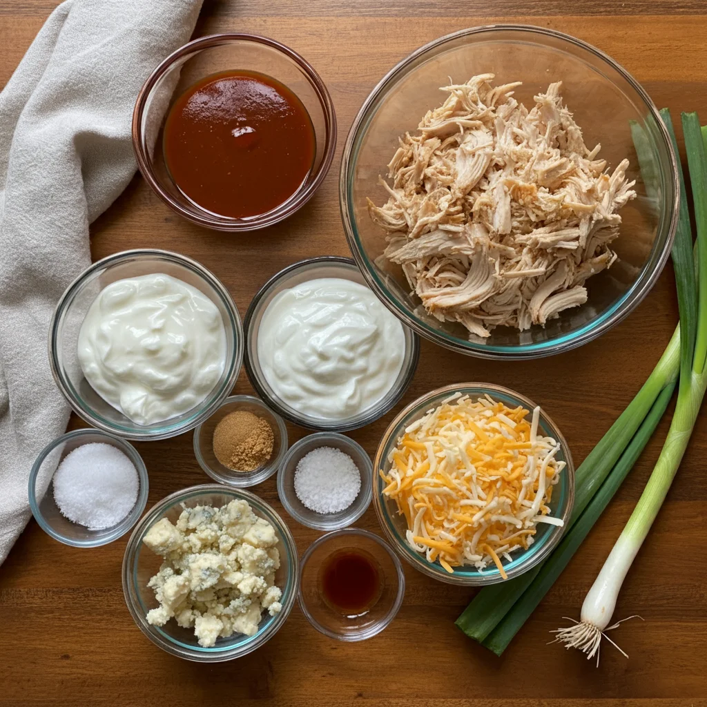 WW Baked Buffalo Chicken Dip Top-down view of WW Baked Buffalo Chicken Dip ingredients in glass bowls on a wooden surface, including chicken, buffalo sauce, yogurt, cottage cheese, cheddar, and scallions.