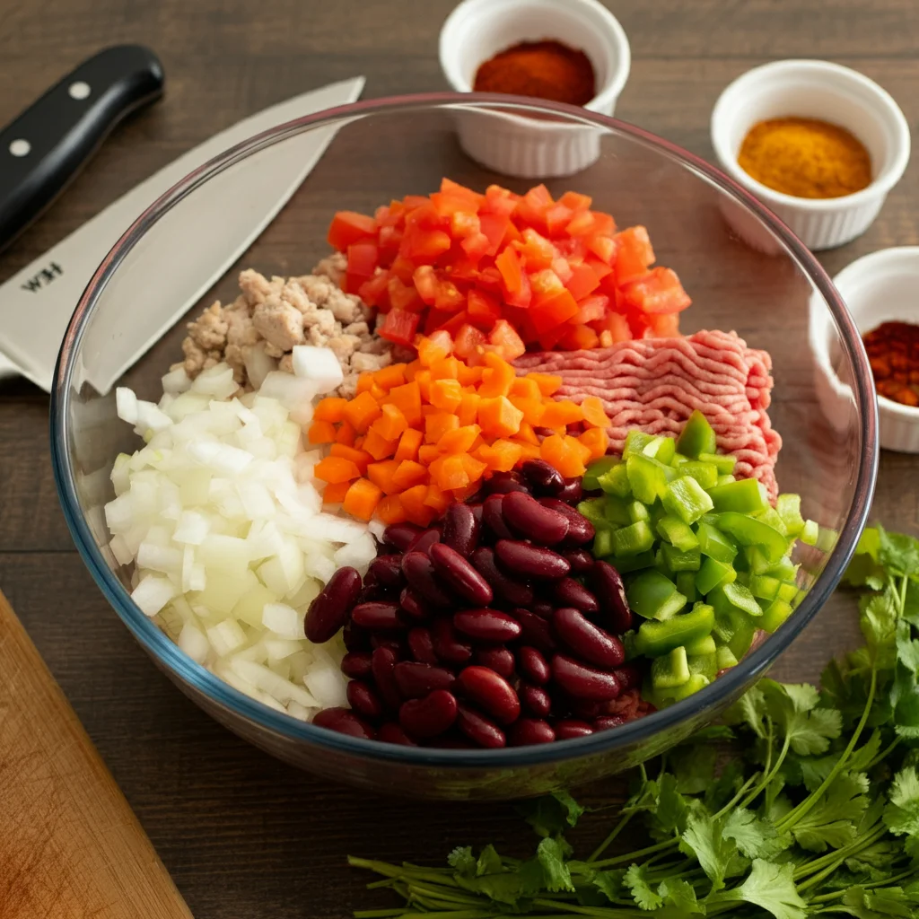 WW Turkey Chili Glass bowl with WW Turkey Chili ingredients: ground turkey, beans, onions, carrots, bell peppers, and tomatoes, surrounded by spices on a wooden counter.