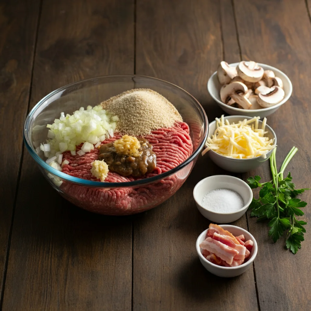 Savory Mushroom Swiss Bacon Meatloaf Ingredients for Mushroom Swiss Bacon Meatloaf Casserole in a glass bowl, with mushrooms, bacon, and cheese in small bowls on a rustic countertop.