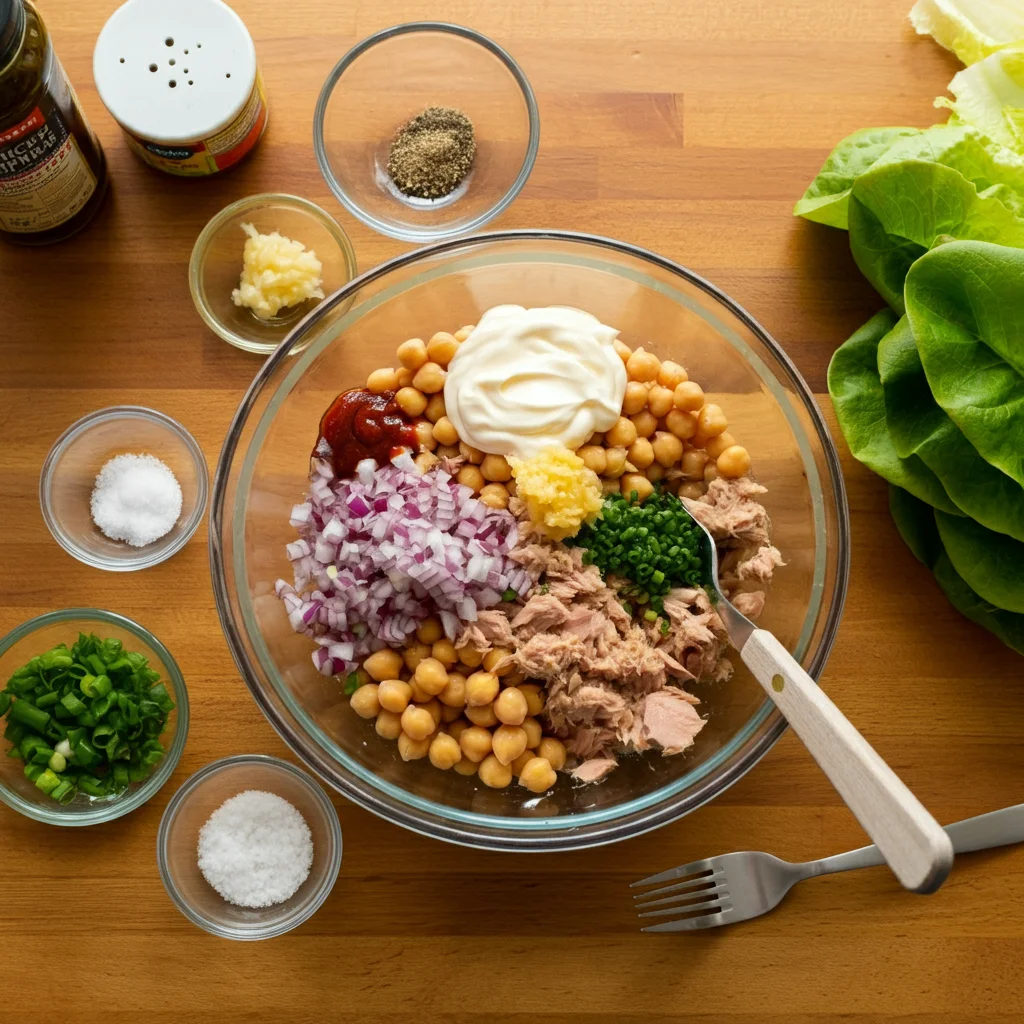 High-Protein Tuna and Chickpea Salad Sandwich A glass bowl with mashed chickpeas, tuna, red onion, mayo, chives, Sriracha, garlic, lemon juice, and seasonings on a wooden countertop surrounded by small ingredient bowls.