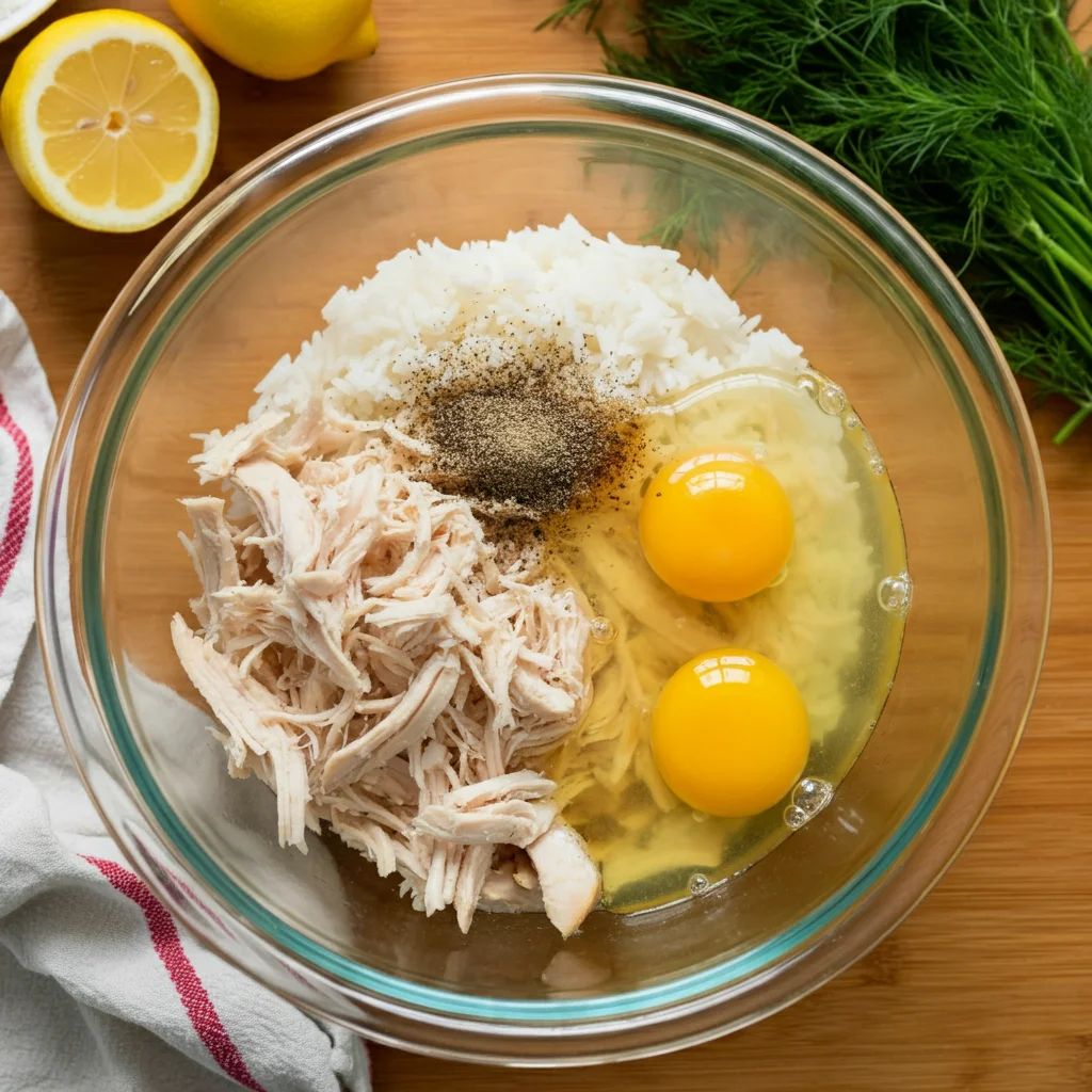 WW Avgolemono Soup Glass bowl with ingredients for WW Avgolemono Soup, including chicken, eggs, lemon juice, and seasonings, surrounded by lemon slices and fresh dill.