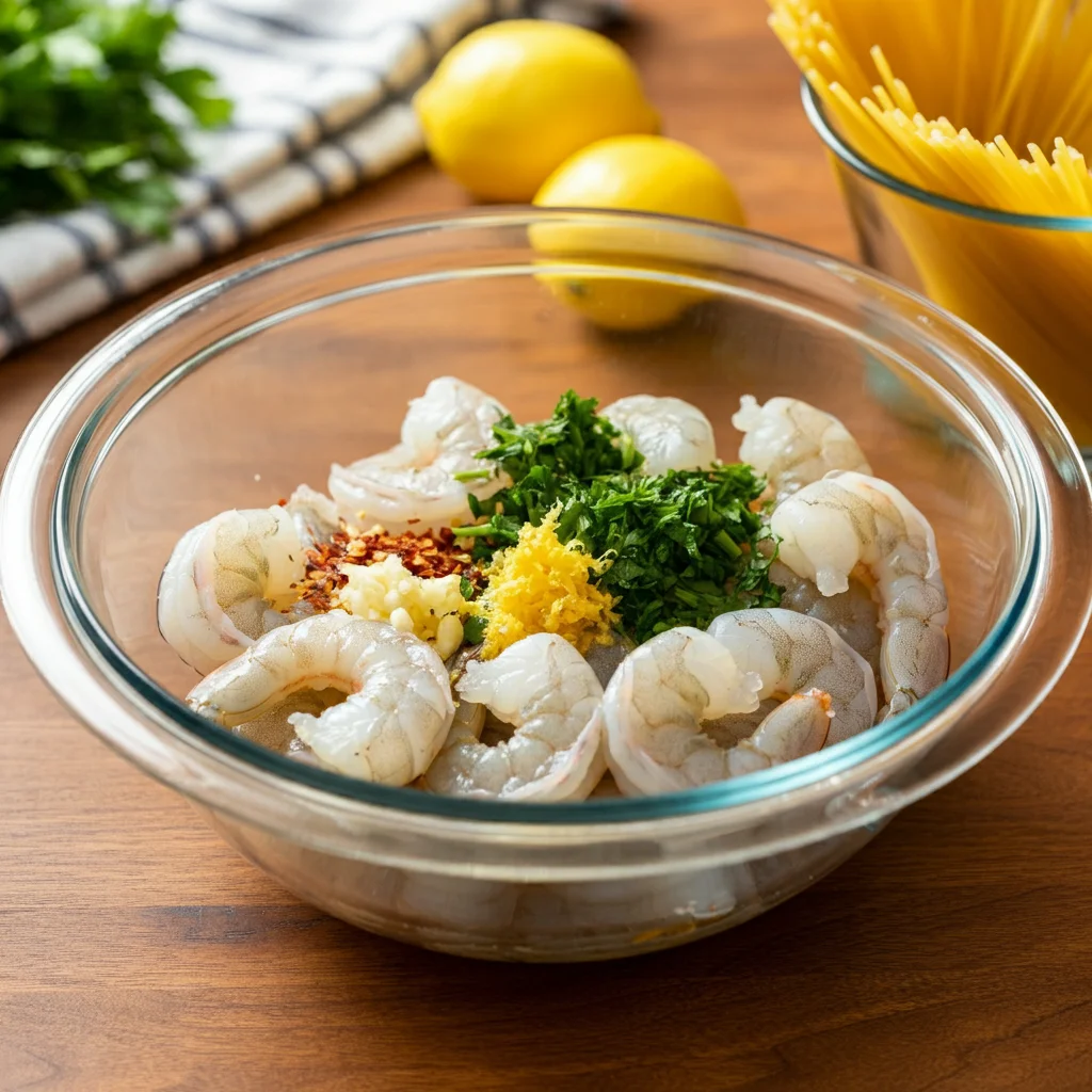 WW Shrimp Scampi Pasta Glass bowl with raw shrimp, garlic, lemon zest, parsley, olive oil, and red pepper flakes, with uncooked spaghetti and a lemon wedge nearby on a wooden counter.