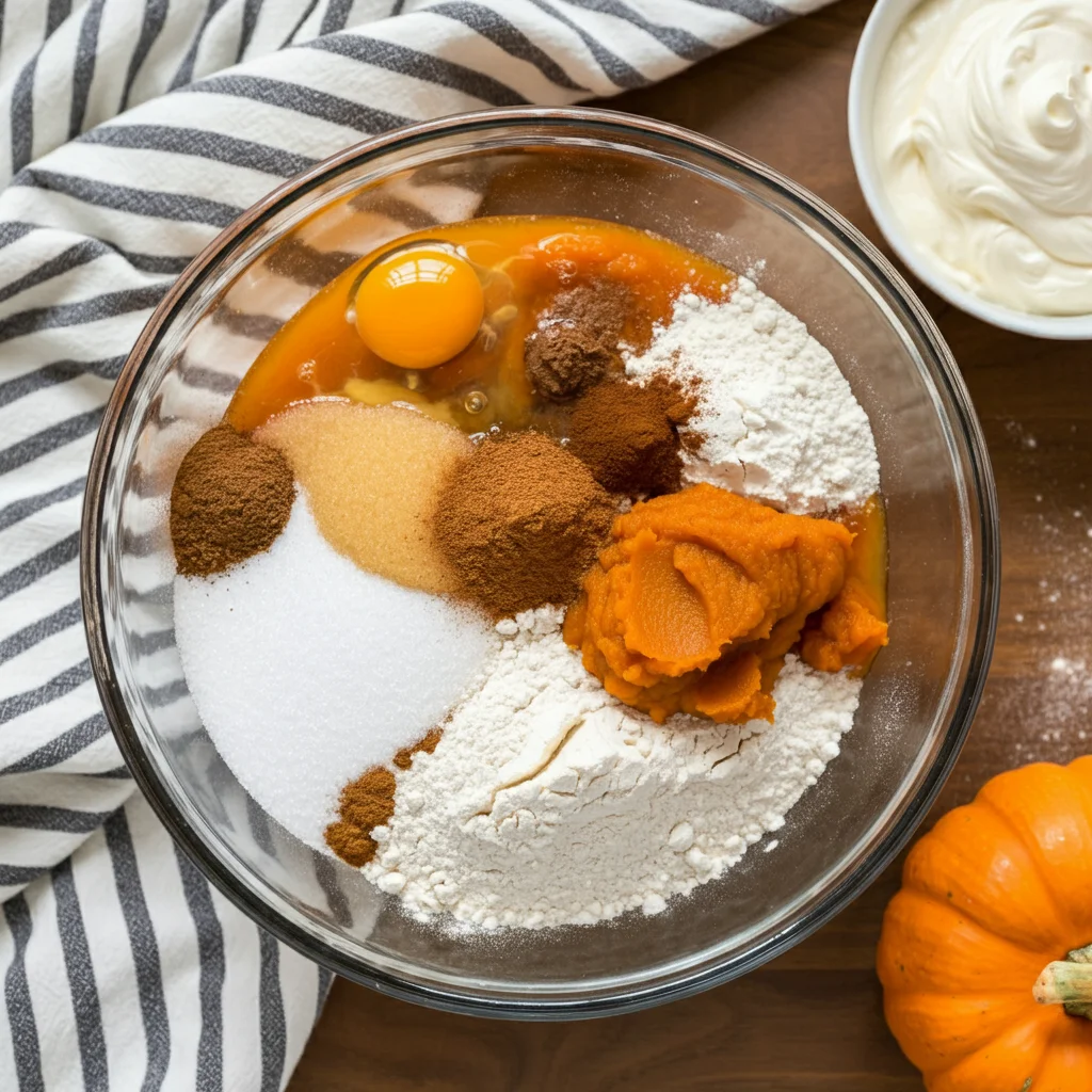 2 Point Pumpkin Whoopie Pies Glass bowl with ingredients for Pumpkin Whoopie Pies, including pumpkin puree, sugar, flour, and spices, with cream cheese frosting in a small bowl nearby on a wooden counter.