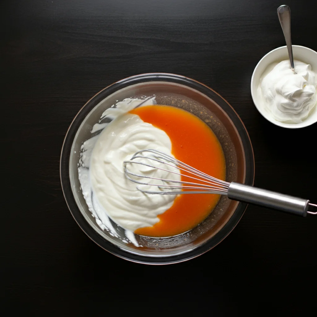 WW Greek Yogurt and Sugar-Free Jello Glass bowl with Greek yogurt and orange sugar-free Jello mixture, with a whisk inside, next to a small bowl of whipped cream on a wooden counter.