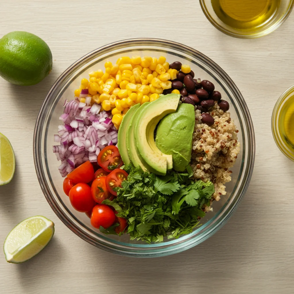 WW Black Bean Quinoa Salad Glass bowl filled with cooked quinoa, black beans, diced avocado, corn, cherry tomatoes, red onion, and cilantro, with lime wedges and olive oil dressing nearby.