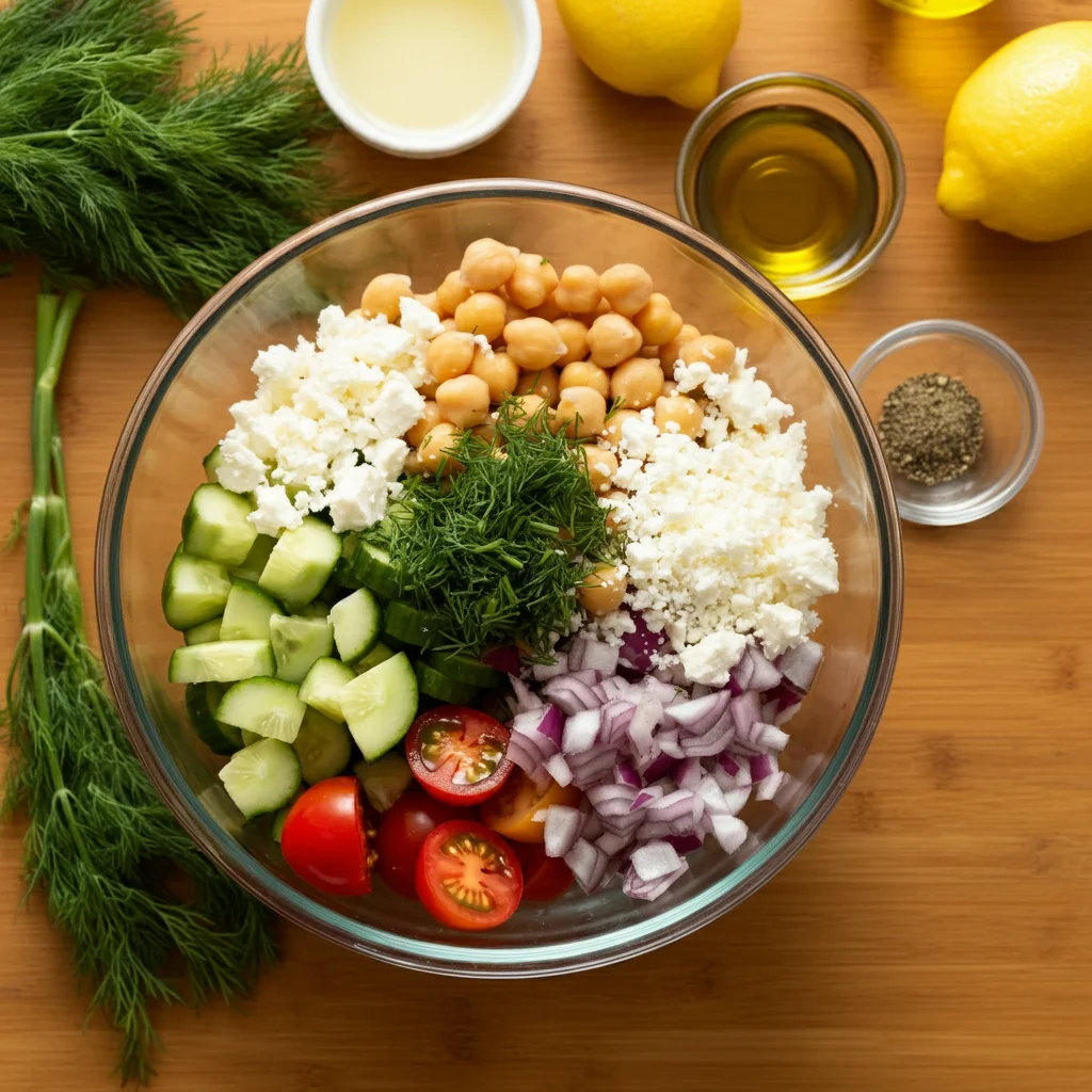 WW Chickpea Cucumber Feta Salad Glass bowl with cucumber, cherry tomatoes, chickpeas, red onion, feta cheese, and fresh dill, with small bowls of olive oil, lemon juice, and seasonings nearby.