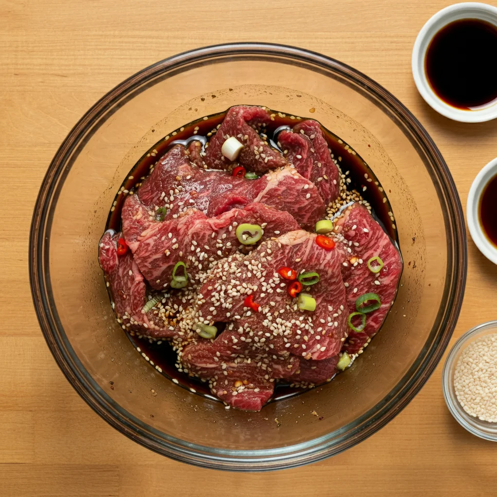 Keto Beef Bulgogi Glass bowl filled with thinly sliced beef marinated in soy sauce, sesame oil, garlic, ginger, green onions, and sesame seeds, with small bowls of extra ingredients nearby.