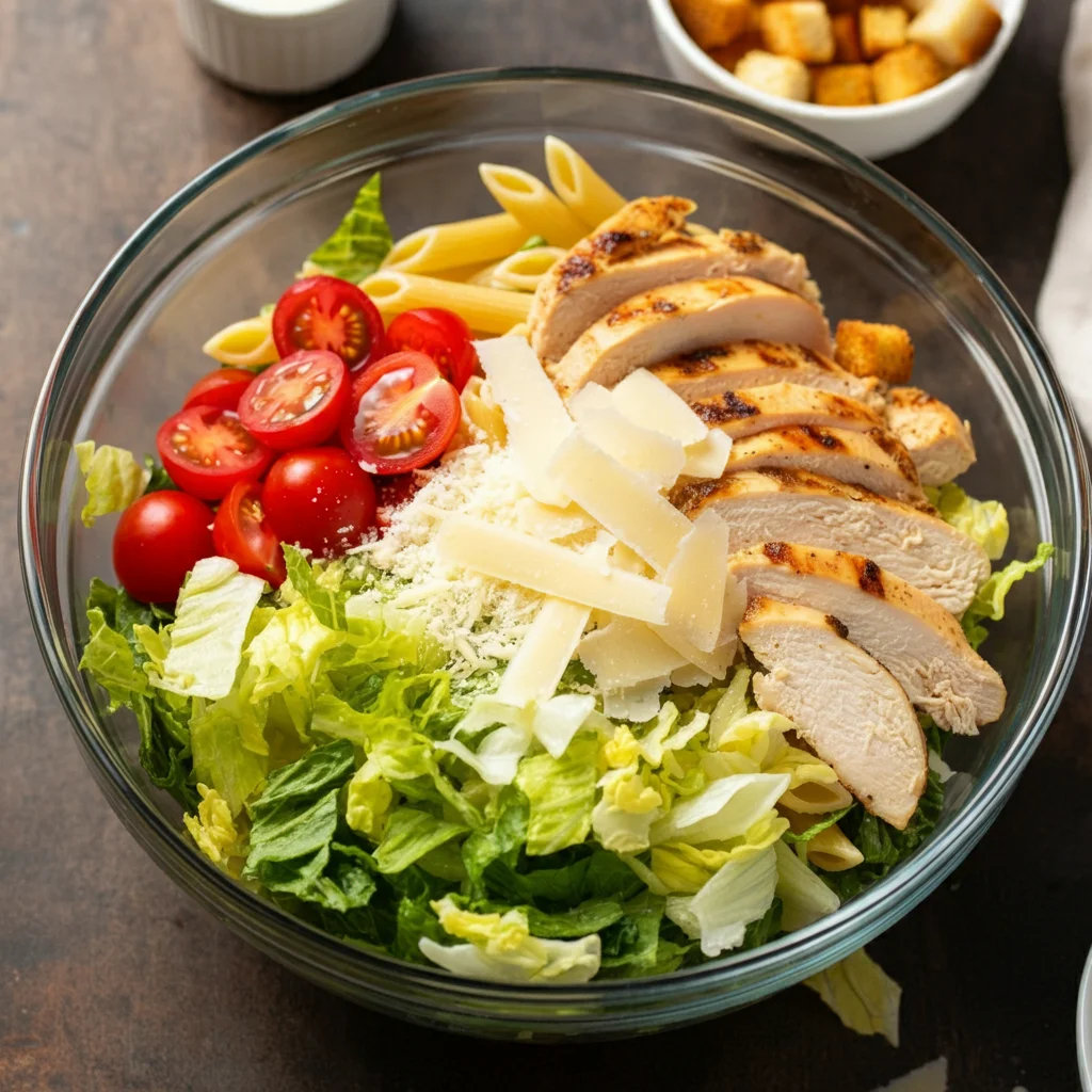 Chicken Caesar Pasta Salad Glass bowl with ingredients for Chicken Caesar Pasta Salad: romaine, cherry tomatoes, Parmesan, grilled chicken, and rotini pasta, with small bowls of dressing and croutons nearby.