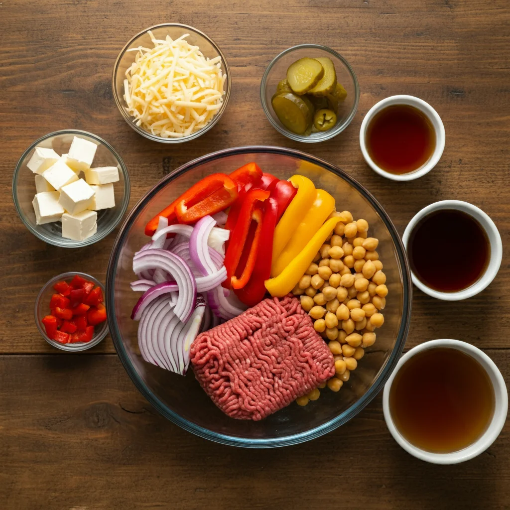 High-Protein Philly Cheesesteak Chickpea Pasta Top view of sliced bell peppers, onions, ground beef, and chickpea pasta in a glass bowl, with small bowls of cream cheese, provolone, and seasonings on a wooden counter.