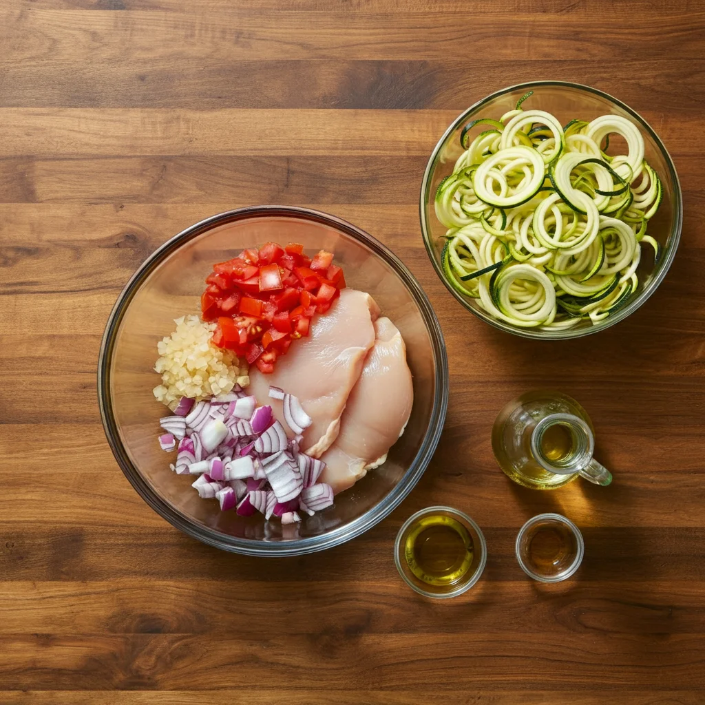 High-Protein Chicken Cutlets and Zoochi Noodles Fresh ingredients for High-Protein Chicken Cutlets and Zoochi Noodles in a clear glass bowl, including chicken, zucchini noodles, onion, tomato, olive oil, wine, and cream, on a wooden countertop.