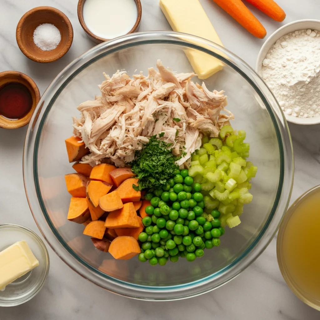 High-Protein Chicken Pot Pie High-protein chicken pot pie ingredients in a glass bowl: chicken, sweet potatoes, peas, carrots, celery, and parsley, with small bowls of flour, milk, and butter on a marble countertop.