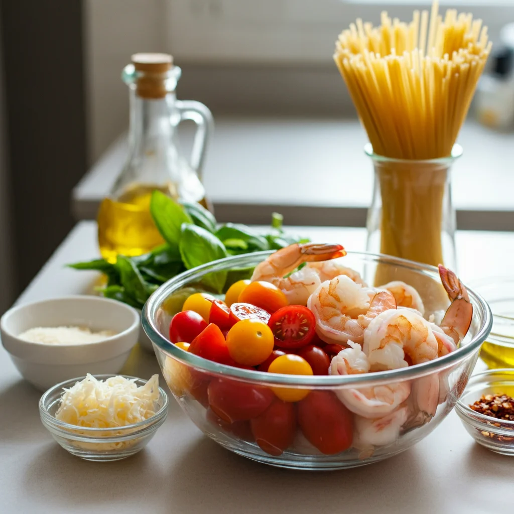 High-Protein Shrimp and Cherry Tomato Pasta Fresh shrimp, cherry tomatoes, garlic, and basil in a glass bowl with Parmesan, olive oil, and spaghetti in small bowls nearby.