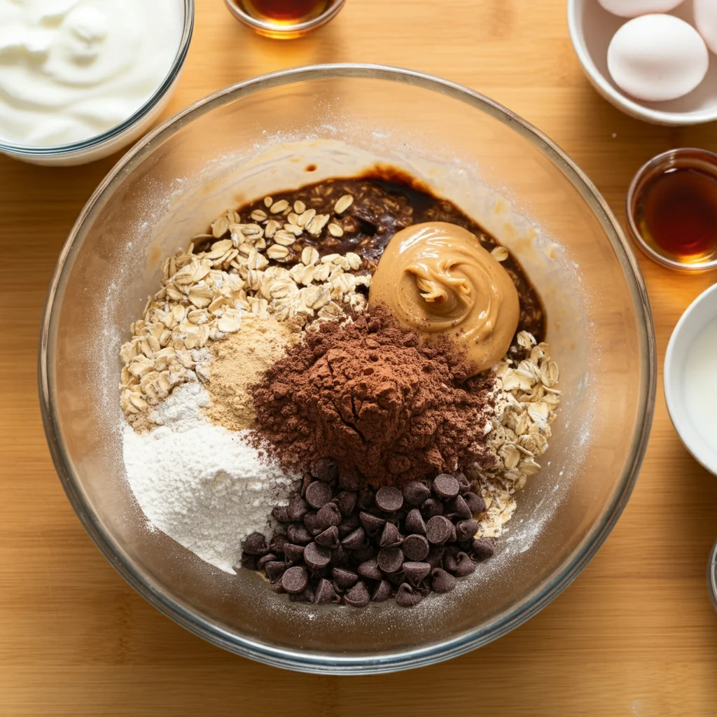 High-Protein Peanut Butter Brownie Baked Oats High-Protein Peanut Butter Brownie Baked Oats ingredients in a glass bowl, including oats, peanut butter, and chocolate pudding mix on a wooden countertop.