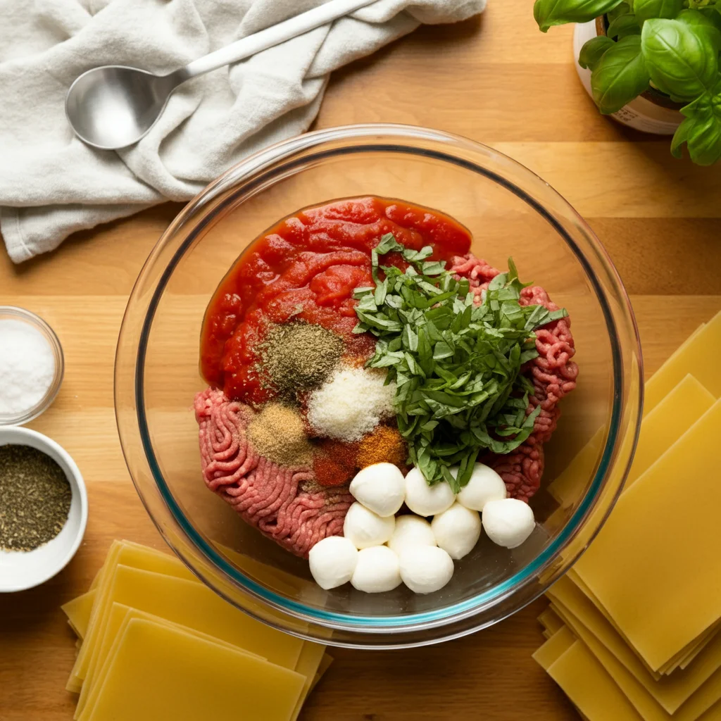 High-Protein Skillet Ravioli Lasagna Top view of lasagna ingredients in a glass bowl: ravioli, ground beef, tomatoes, mozzarella, and basil on a wooden countertop.