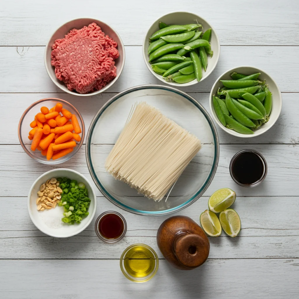 High-Protein Ground Beef and Snap Pea Rice-Noodle Stir-Fry Ingredients for High-Protein Ground Beef and Snap Pea Rice-Noodle Stir-Fry in a glass bowl and small bowls on a rustic white table.