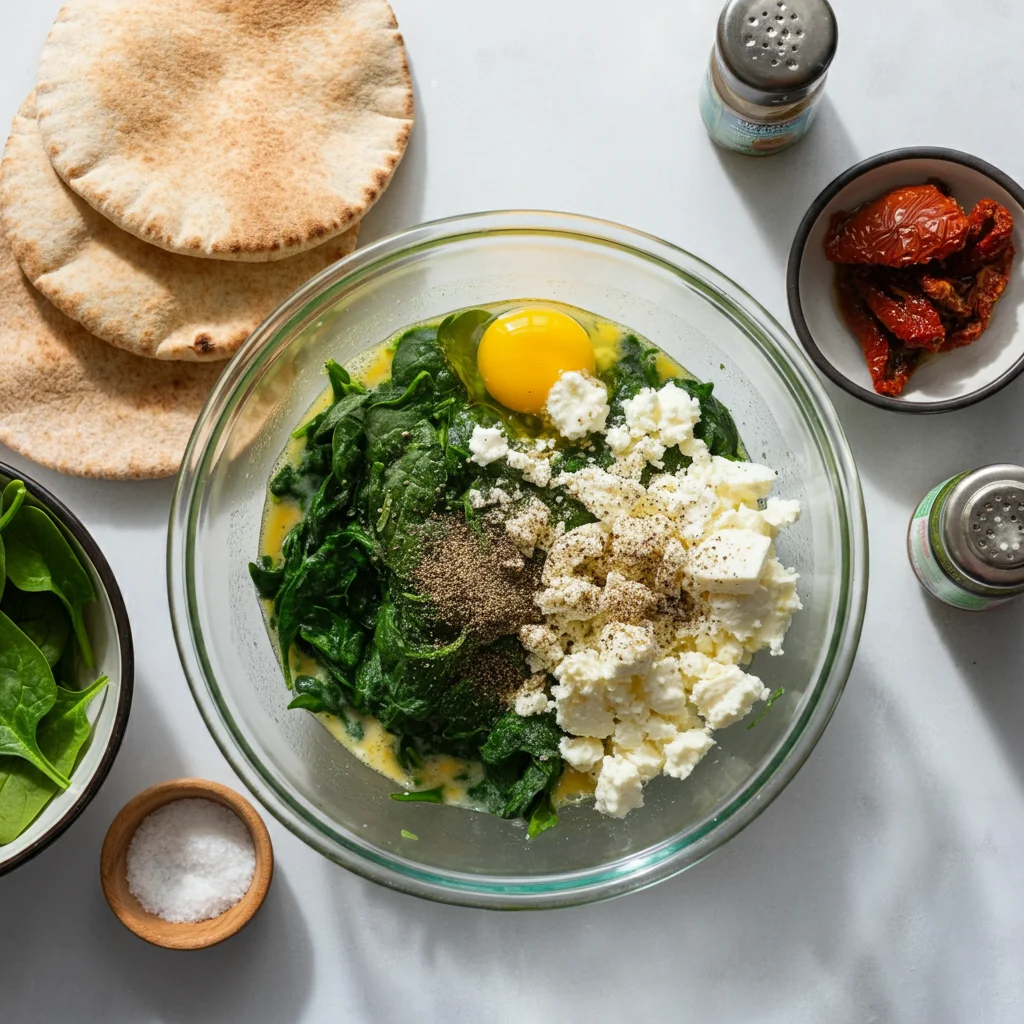 High-Protein Spinach & Feta Scrambled Egg Pitas Ingredients for Spinach and Feta Scrambled Egg Pitas in a glass bowl with small bowls of tapenade, pita bread, and seasoning on a rustic counter.