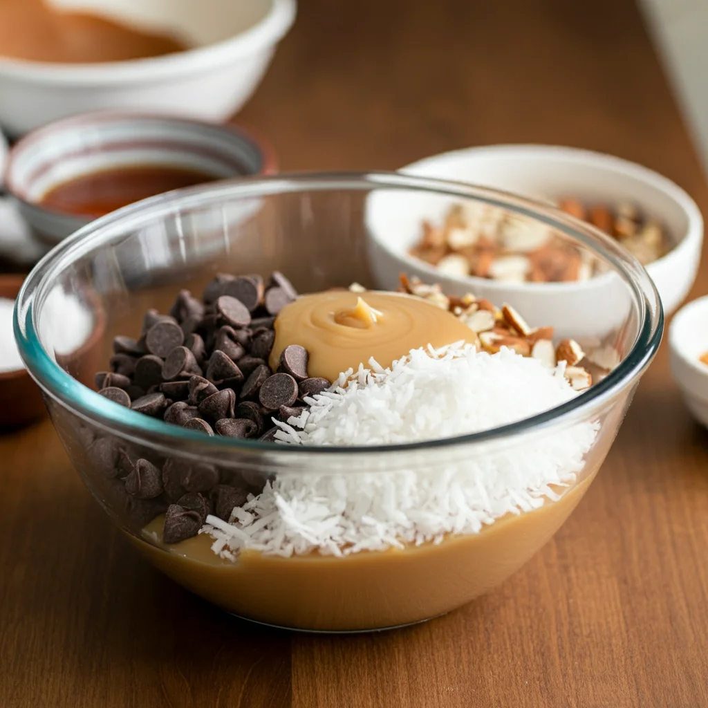 4-Ingredient Almond Joy Cookies Glass bowl with ingredients for Almond Joy Cookies: coconut, chocolate chips, almonds, and condensed milk on a wooden countertop.