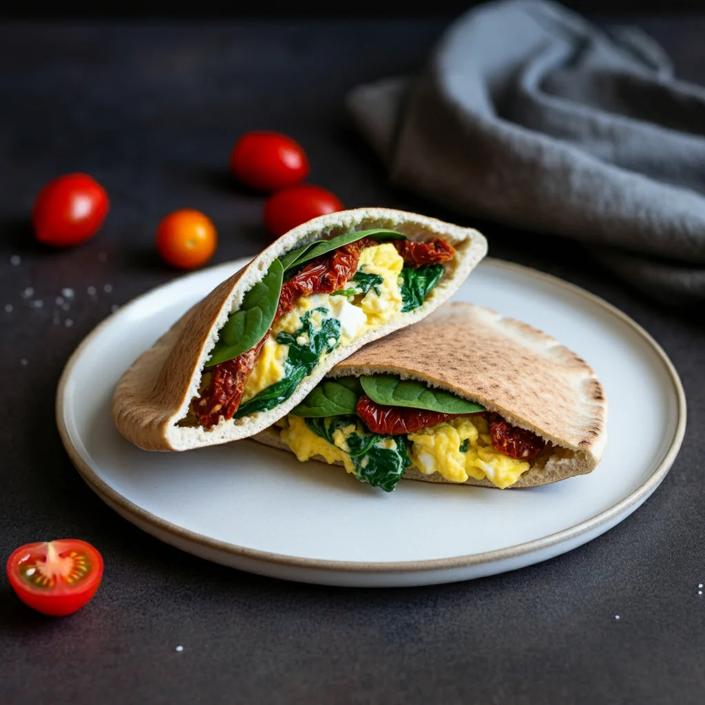 High-Protein Spinach & Feta Scrambled Egg Pitas Over-the-shoulder view of Spinach and Feta Scrambled Egg Pitas on a rustic plate, showing vibrant filling with eggs, spinach, and feta.