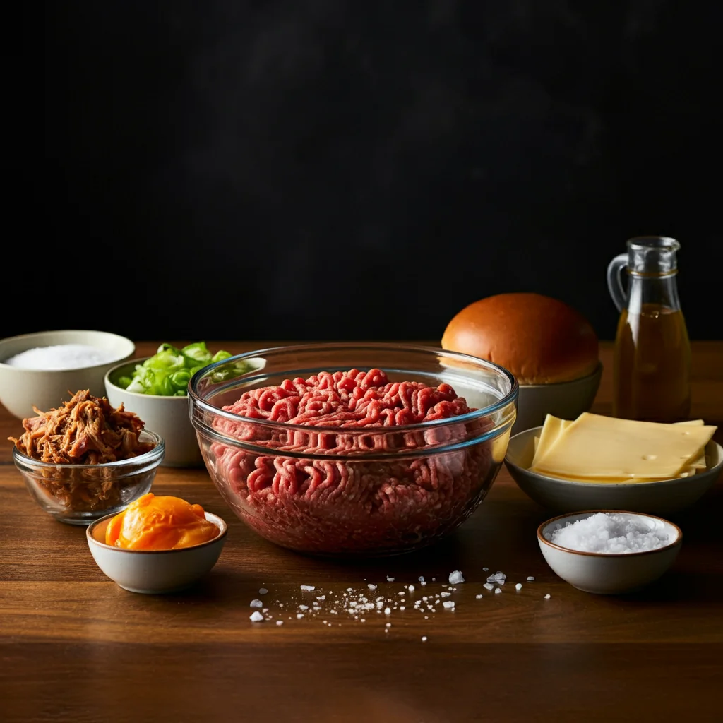 Stacked Carnivore Burgers Glass bowl with raw ground beef surrounded by bowls of bacon, pulled pork, cheese, and an egg on a rustic countertop with natural light.