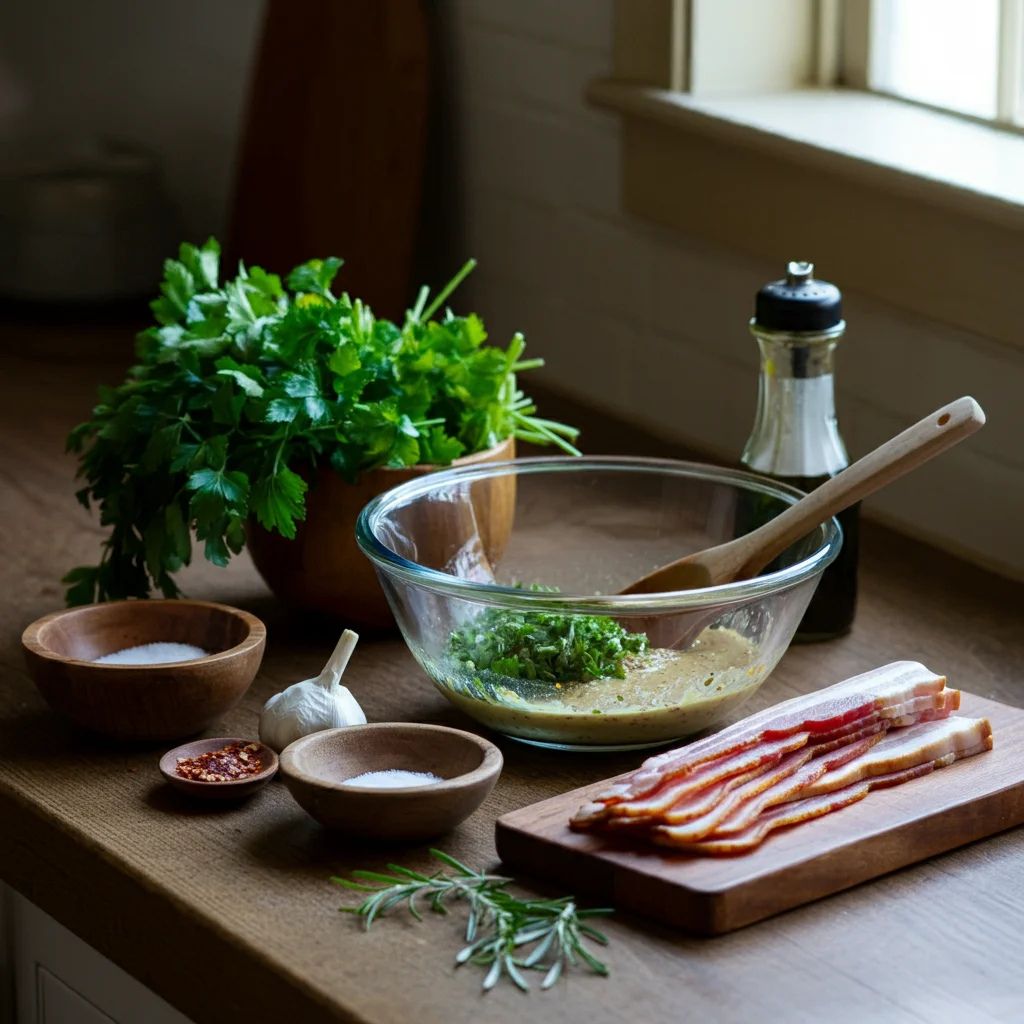 Turketta Fresh Turketta ingredients—herbs, garlic, fennel seeds, orange zest, and mustard in a glass bowl, surrounded by small bowls of salt, red pepper flakes, and bacon on a wooden counter.