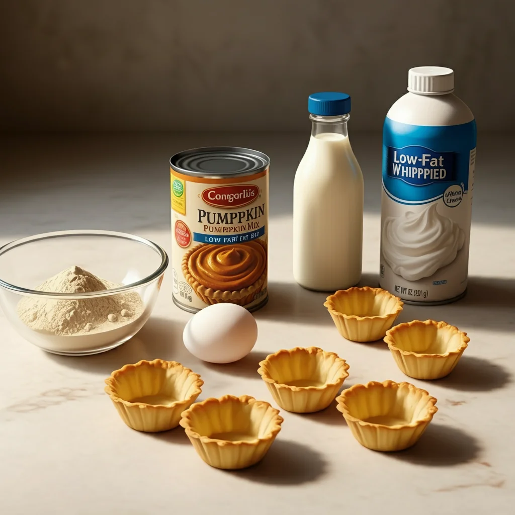 5-ingredient Pumpkin Pie Tartlets Top-down view of pumpkin pie tartlet ingredients: pumpkin pie mix, egg, evaporated milk, phyllo shells, and whipped cream on a marble countertop.