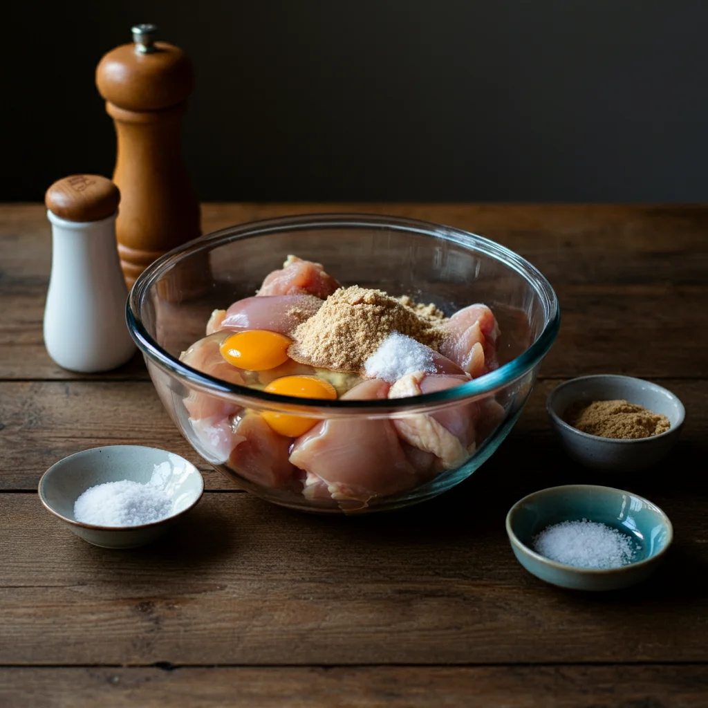 Carnivore Fried Chicken Strips Glass bowl with raw chicken tenders, pork crackling powder, and cracked eggs on a wooden counter, with small ramekins of ingredients nearby.