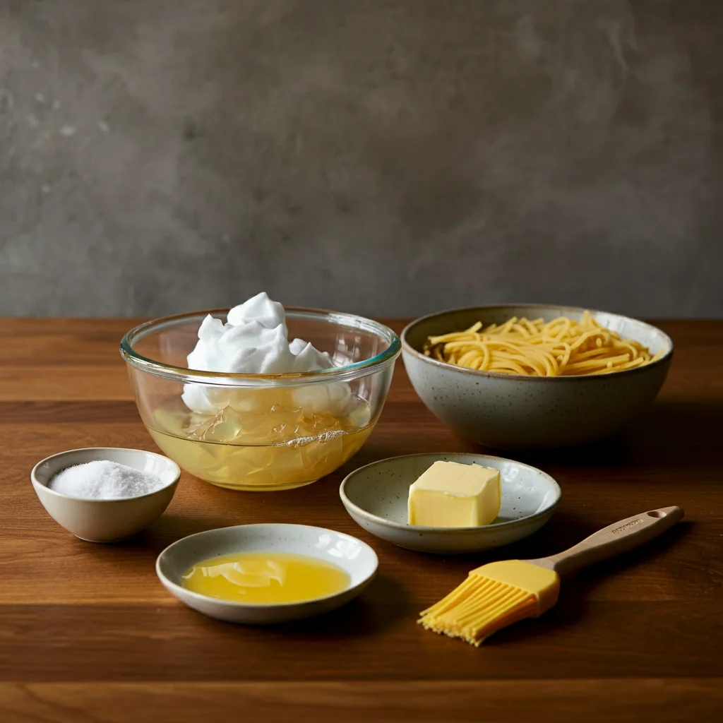 Carnivore Egg Noodles Egg whites, unflavored gelatin, and ghee displayed in a glass bowl and small dishes on a wooden countertop with natural lighting.