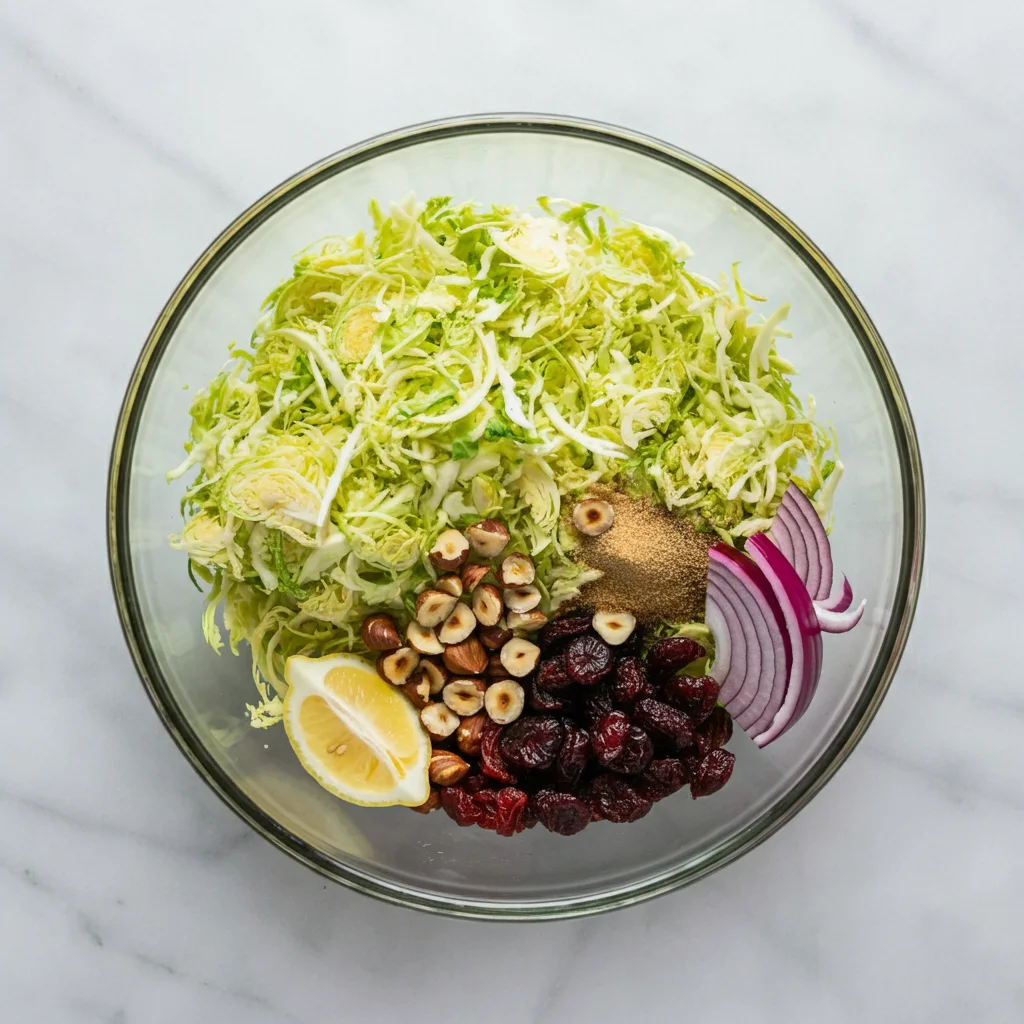 Brussels Sprouts Salad with Dried Cherries & Hazelnuts Fresh ingredients for Brussels Sprouts Salad, including shaved sprouts, dried cherries, hazelnuts, and red onions, arranged in a glass bowl on a marble countertop.