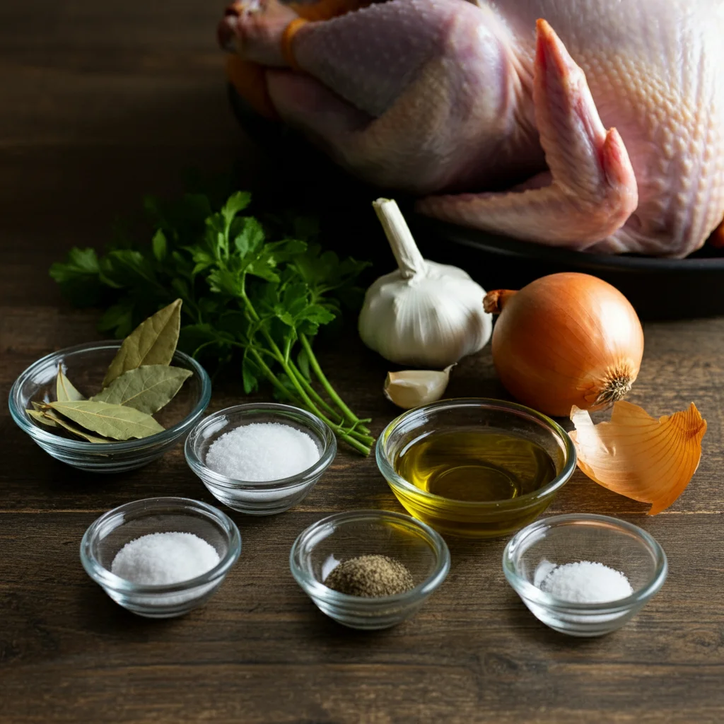 Carnivore Roasted Turkey Turkey roasting ingredients in glass bowls on a wooden surface with an uncooked turkey blurred in the background.