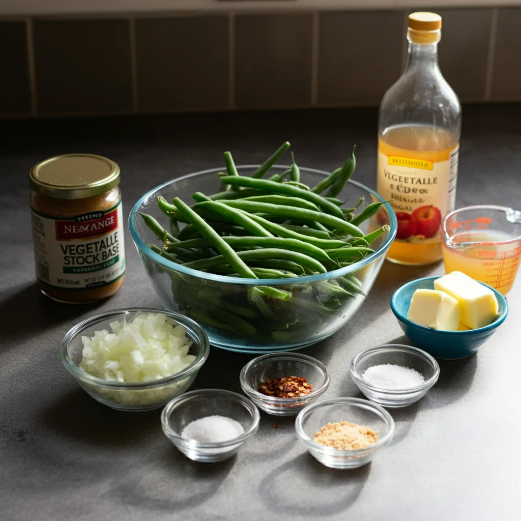 Green Bean Casserole with Almost-Burnt Almonds Ingredients for Green Bean Casserole in a glass bowl with small bowls of onions, garlic, almonds, breadcrumbs, and seasonings on a kitchen counter.