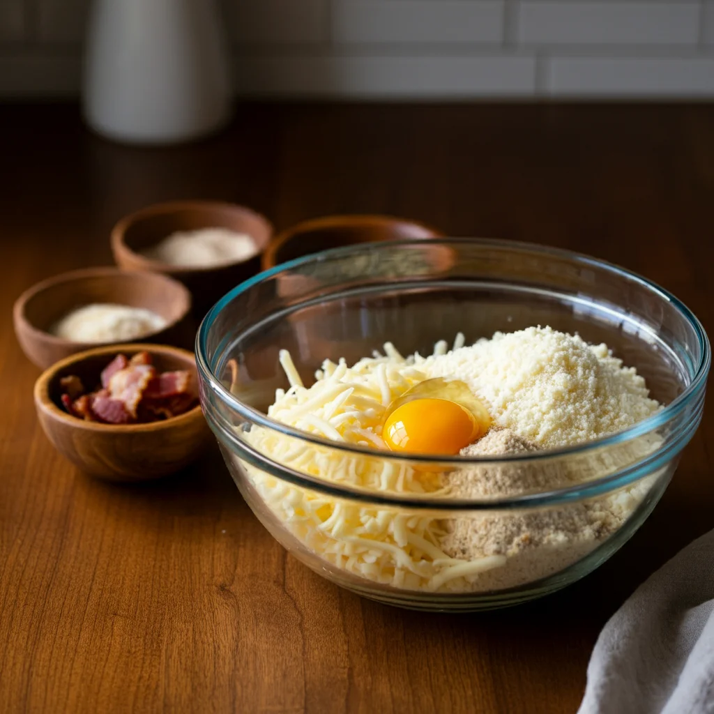 Carnivore Cheese Bacon Bread Carnivore Cheese Bacon Bread ingredients in a glass bowl with shredded cheese, egg, and small bowls of bacon, garlic powder, and seasoning on a wooden counter.