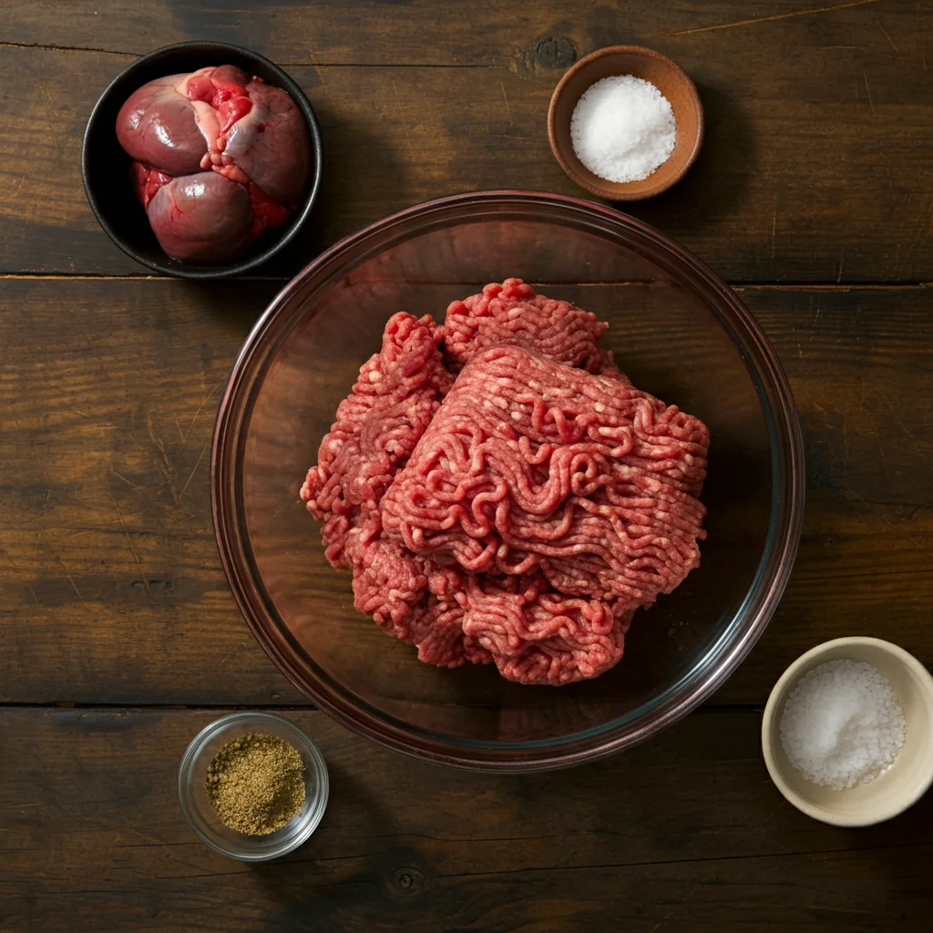 Carnivore Meatballs with Beef Heart Ground beef, beef heart, and salt mixed in a glass bowl on a wooden countertop with small seasoning bowls nearby.