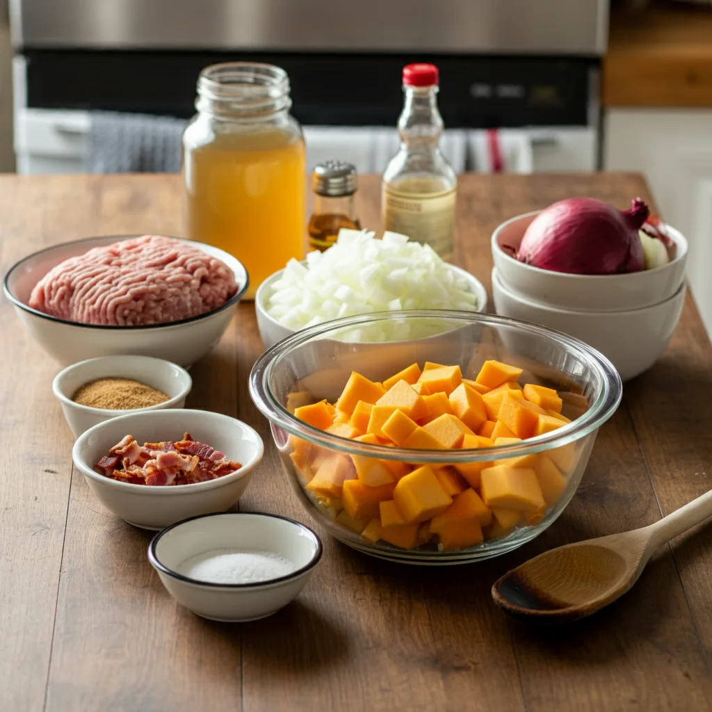 Animal-Based Thanksgiving Stuffing Ingredients for animal-based Thanksgiving stuffing in a glass bowl with diced squash, apples, onions, and small bowls of pork, bacon, broth, and eggs.