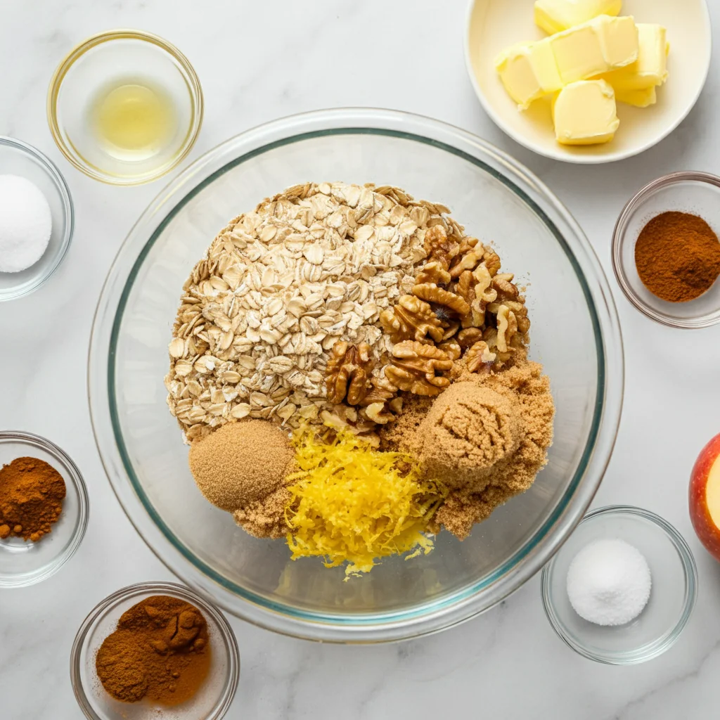 WW Baked Oat & Walnut-Stuffed Apple Glass bowl with combined oats, walnuts, brown sugar, butter, lemon zest, and cinnamon for baked stuffed apple, surrounded by small ingredient bowls.