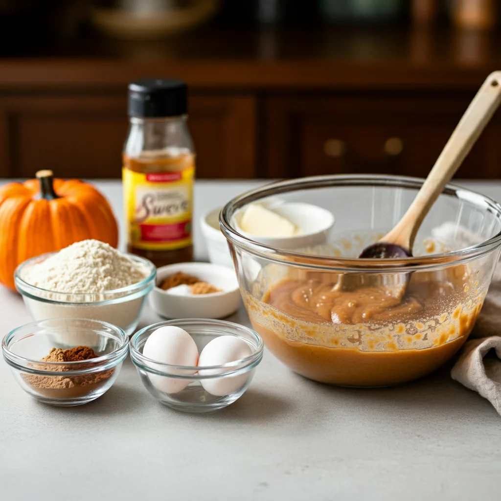 Keto Pumpkin Spice Latte Cupcakes Keto cupcake ingredients like almond flour, pumpkin puree, eggs, and spices in glass bowls on a countertop with a mixing bowl in the center.