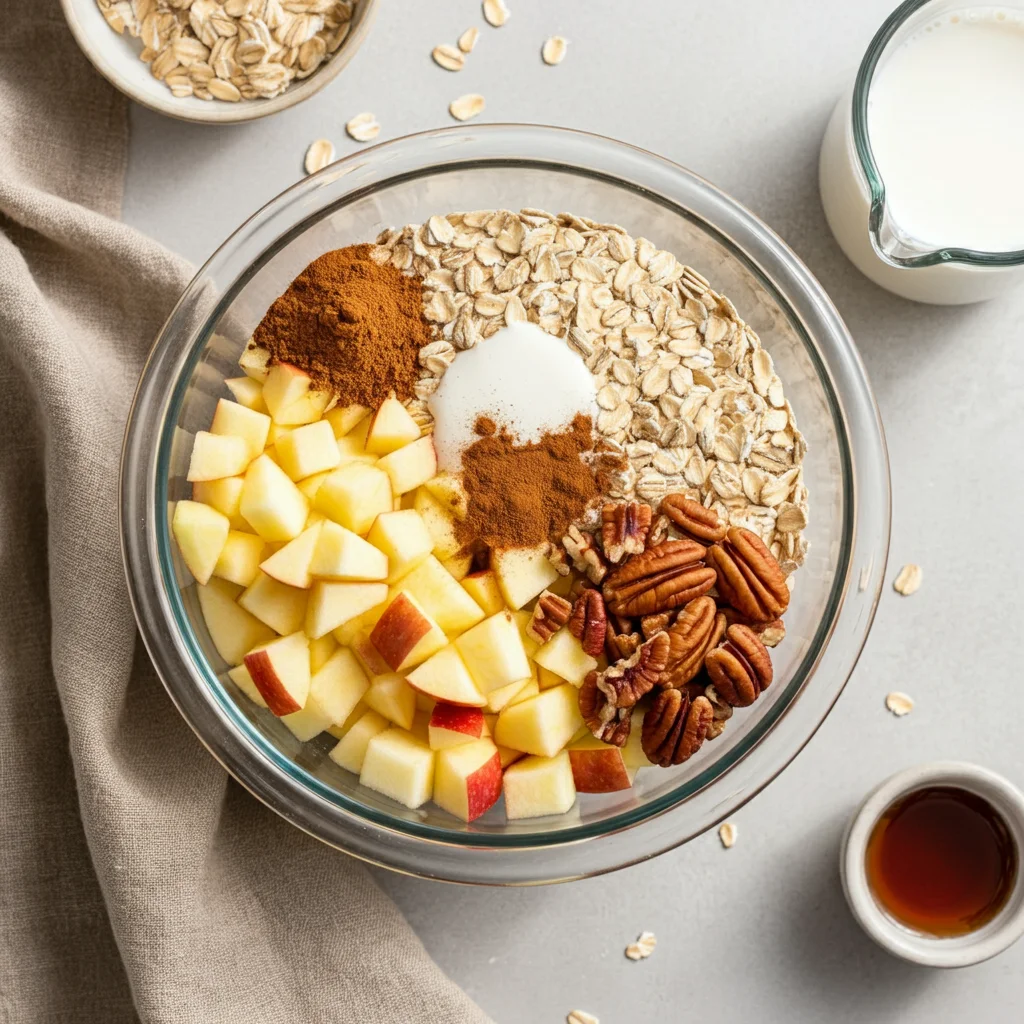 Warm Apple Cinnamon Oatmeal Overhead view of ingredients for Warm Apple Cinnamon Oatmeal in small glass bowls on a wooden countertop, including oats, diced apples, cinnamon, pecans, and milk. Cozy, natural lighting.