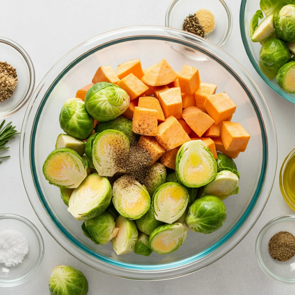 WW Air Fryer Sweet Potatoes & Brussels Sprouts Raw Brussels sprouts, sweet potatoes, and seasonings in a glass bowl on a white countertop with small bowls of extra ingredients nearby.