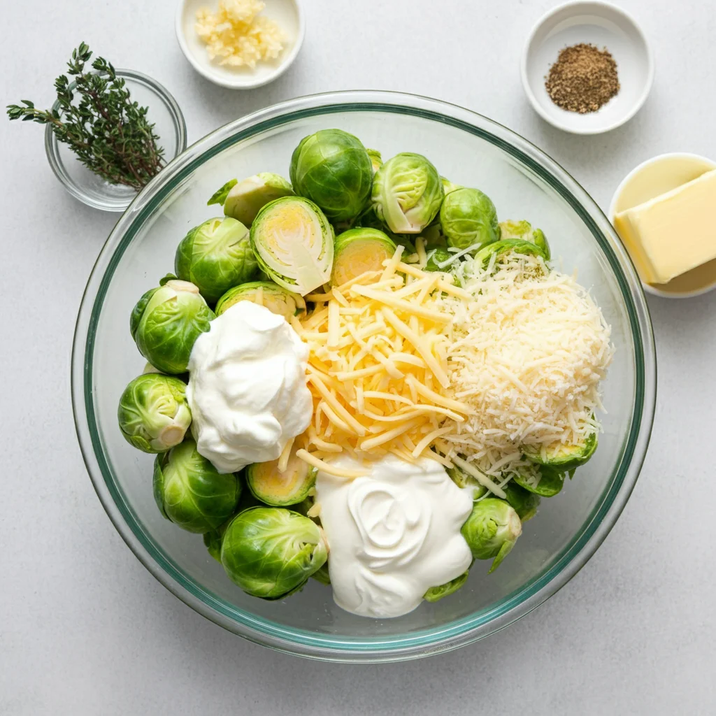 Keto Creamed Brussels Sprouts Ingredients for Keto Creamed Brussels Sprouts in a glass bowl with small bowls of thyme, garlic, shallots, butter, and chives on a white countertop.