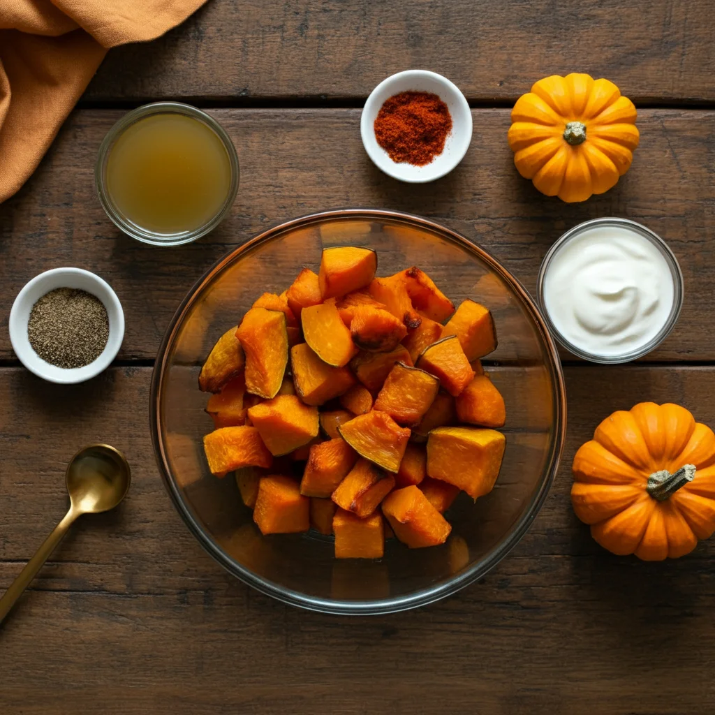 Pumpkin Soup Pumpkin soup ingredients in a glass bowl with small bowls of stock, yoghurt, pepper, and paprika on a rustic wooden table.