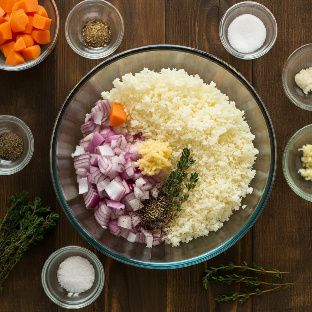 Zero Point Weight Watchers Cauliflower Soup Glass bowl with chopped onion, garlic, cauliflower rice, thyme, salt, and pepper on a rustic wooden table.