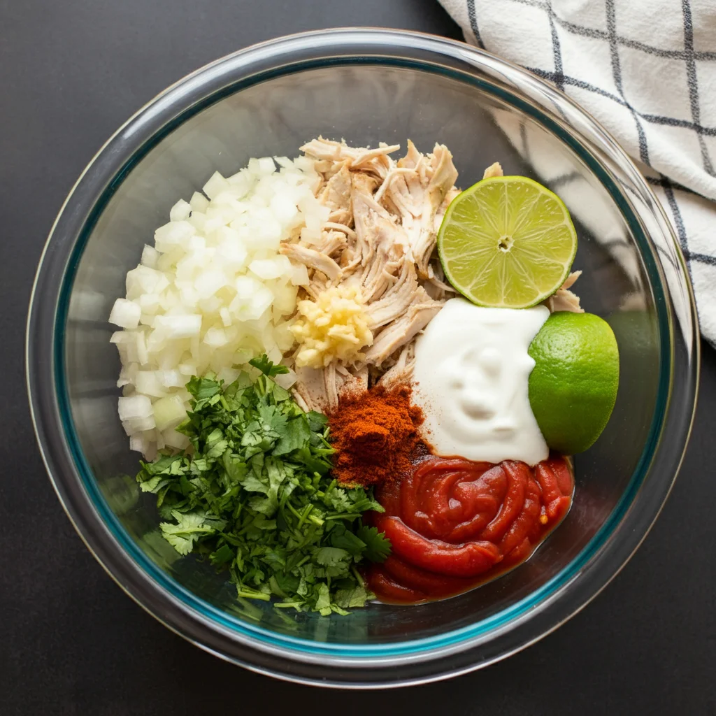 0-Point Creamy Chicken Tortilla Soup Ingredients for WW Creamy Chicken Tortilla Soup in a glass bowl, including onions, garlic, tomatoes, shredded chicken, and cilantro.