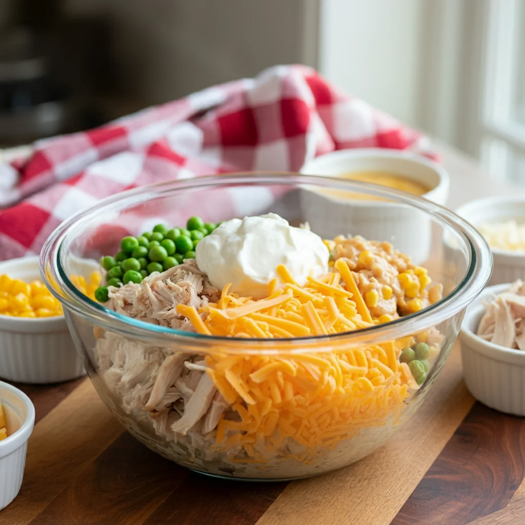 Chicken Pot Pie Bubble Up Casserole Glass bowl with shredded chicken, mixed vegetables, cheese, and Greek yogurt on a wooden countertop, with small bowls of ingredients nearby.