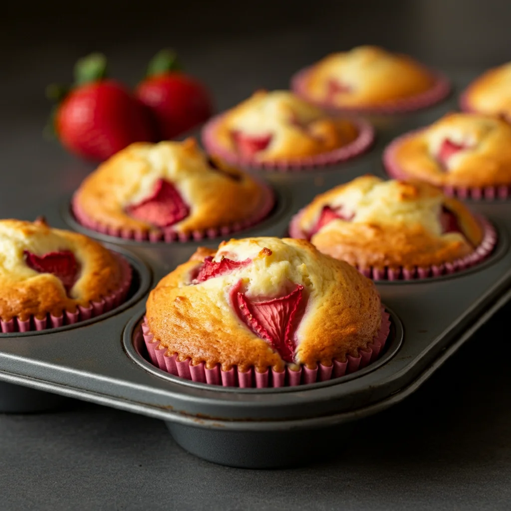 WW Strawberry and Cottage Cheese Muffins Freshly baked WW Strawberry and Cottage Cheese Muffins in a muffin tray, with strawberries scattered nearby, captured in natural light on a kitchen counter.