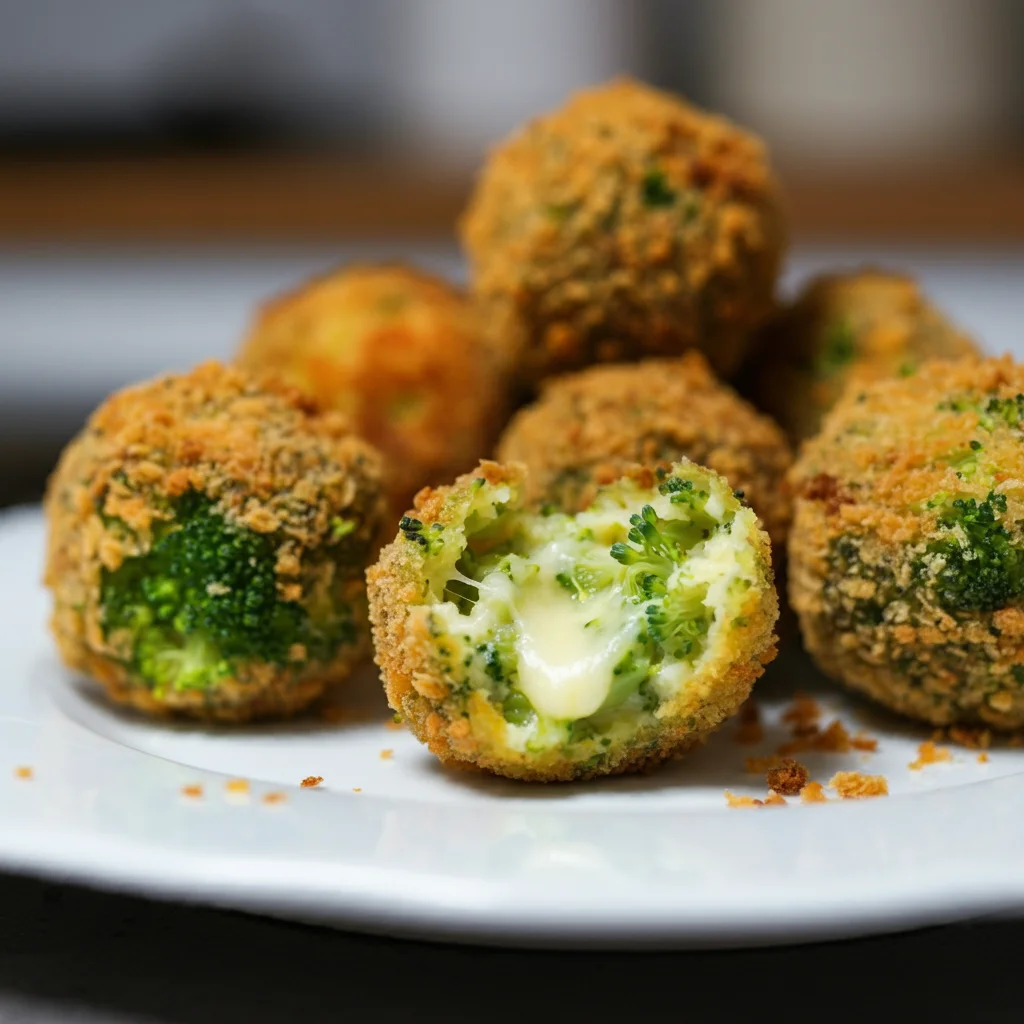 WW Broccoli Cheese Balls Handheld photo of crispy broccoli cheese balls on a white plate, one cut open showing melted cheese and broccoli.