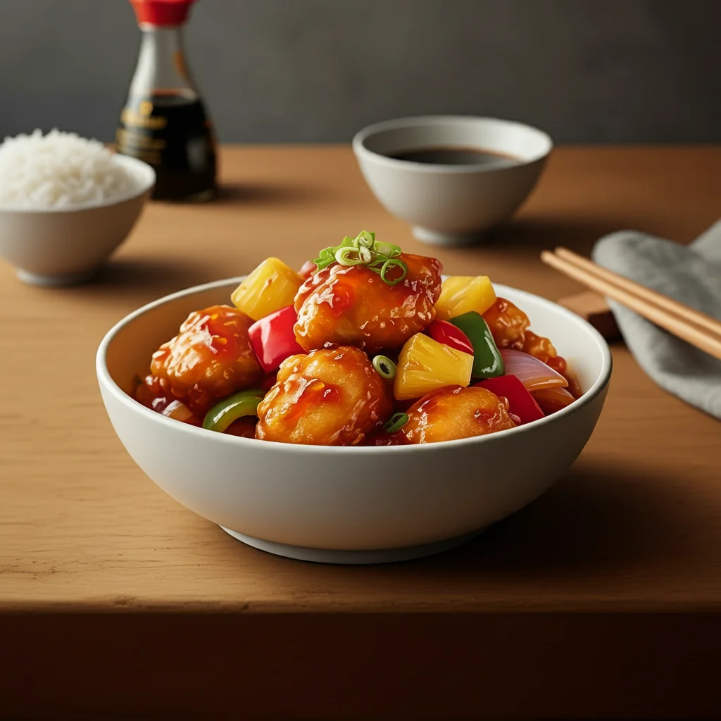 WW Baked Sweet and Sour Chicken Handheld photo of WW Baked Sweet and Sour Chicken in a white bowl with chicken, bell peppers, pineapple, and green onion garnish.