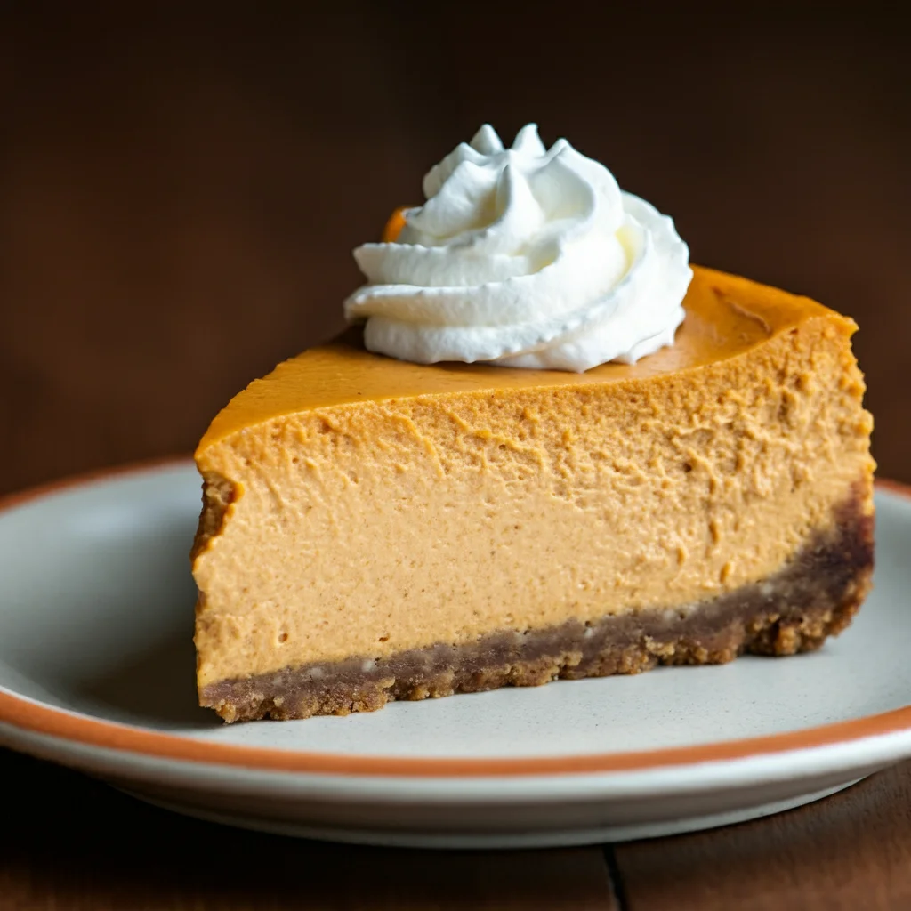 WW Pumpkin Pie Cheesecake Low-angle shot of a WW Pumpkin Pie Cheesecake slice with whipped cream, in a cozy kitchen setting. Soft lighting adds a homemade feel.