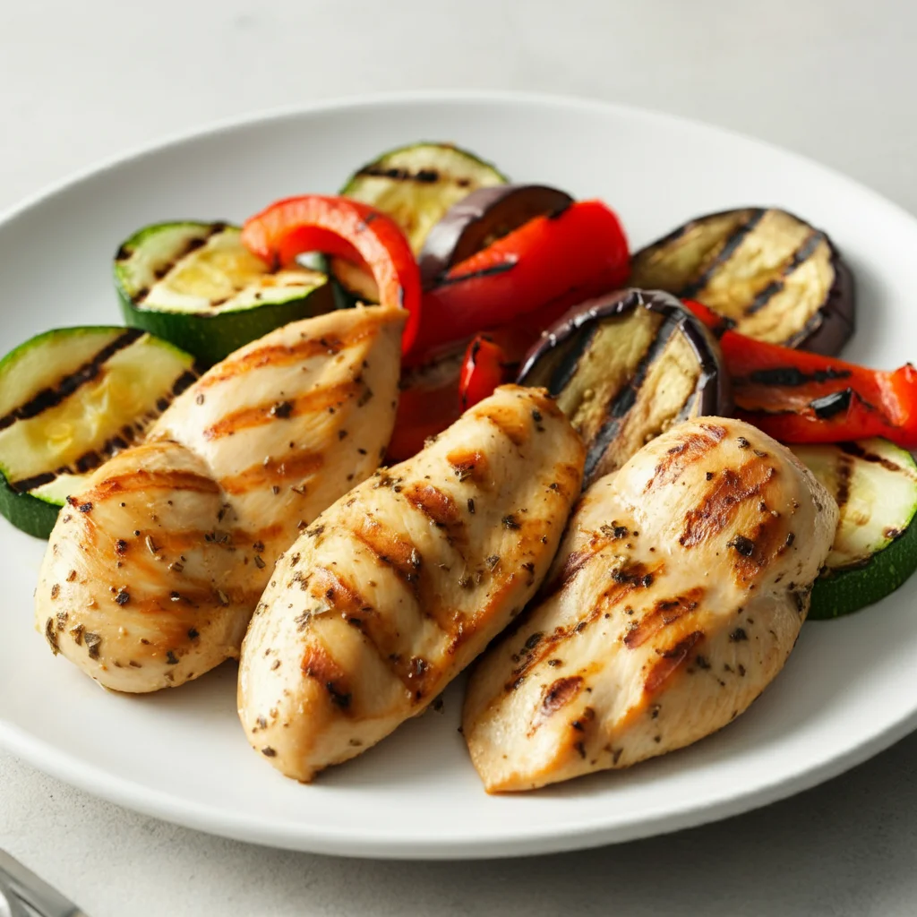 WW Grilled Chicken with Seasoned Vegetables Handheld shot of WW Grilled Chicken with Seasoned Vegetables on a white plate, featuring golden-brown chicken with grilled zucchini, red bell pepper, and eggplant.