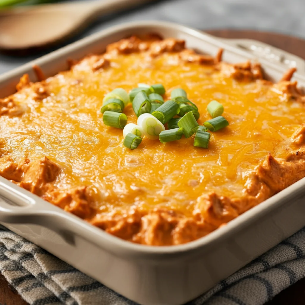 WW Baked Buffalo Chicken Dip Handheld photo of WW Baked Buffalo Chicken Dip in a baking dish, with bubbling cheddar cheese and scallion garnish, captured in a cozy, home-style setting.