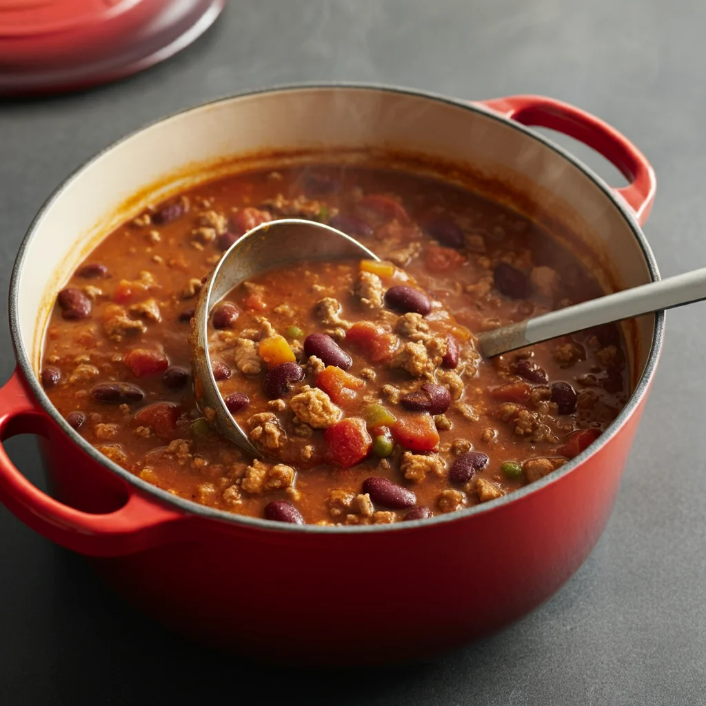 WW Turkey Chili Close-up of WW Turkey Chili in a red pot, showing a rich, saucy texture with turkey, beans, and vegetables, taken at an angle with a warm, casual vibe.